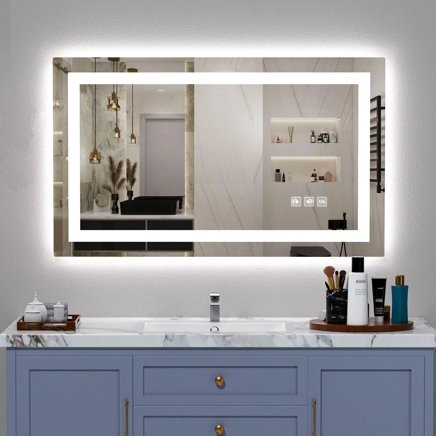 SHUAFA - Espejo LED para baño, retroiluminado de 40 x 24 pulgadas + espejo de cambiador de baño con luces para pared, doble tira de luz, 3 colores, a prueba de roturas, antivaho y memoria de brillo