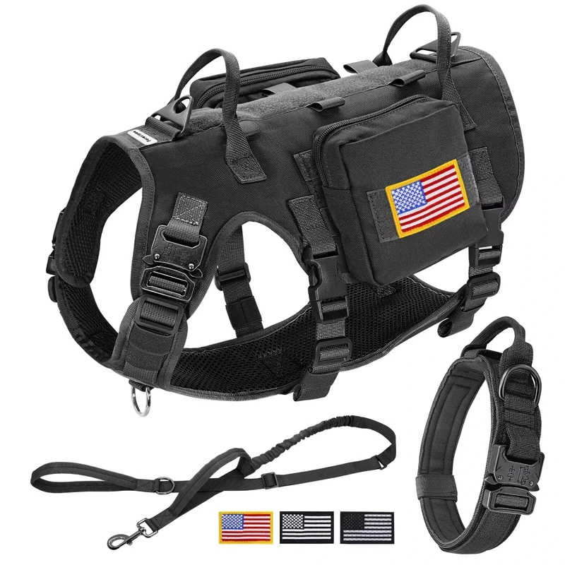Forestpaw Tactical Dog Vest Harness and Easy Control Training Dog Collar with Bungee Dog Leash Set No Pull Military Dog Harness with Backpack for Medium Large Dogs-Black L