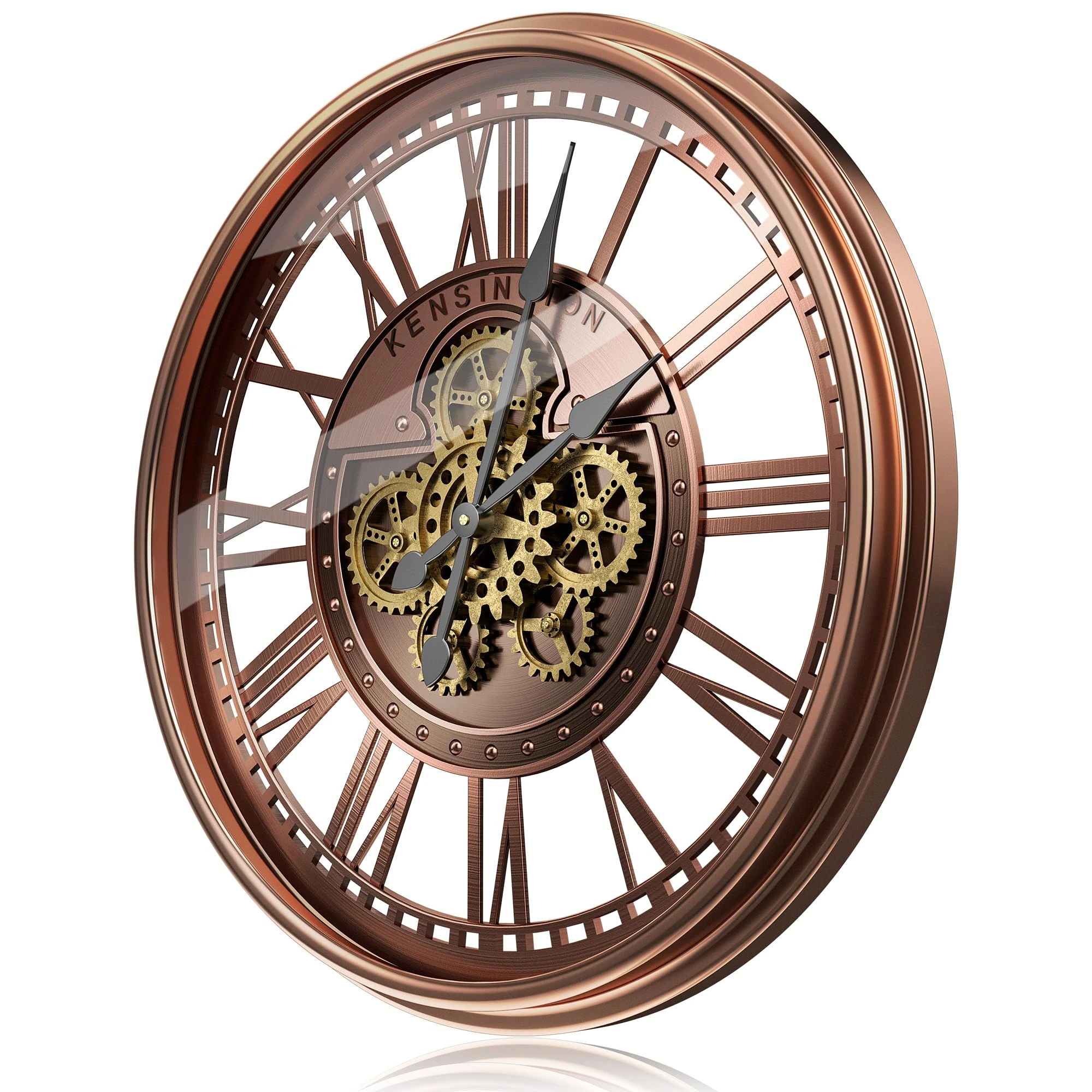 TOKTEKK 28 inch Large Wall Clock with Real Moving Gears, Battery Operated Modern Metal Decorative Oversize Industrial Steampunk Wall Clock for Living Room Decor(Roman Red Bronze)