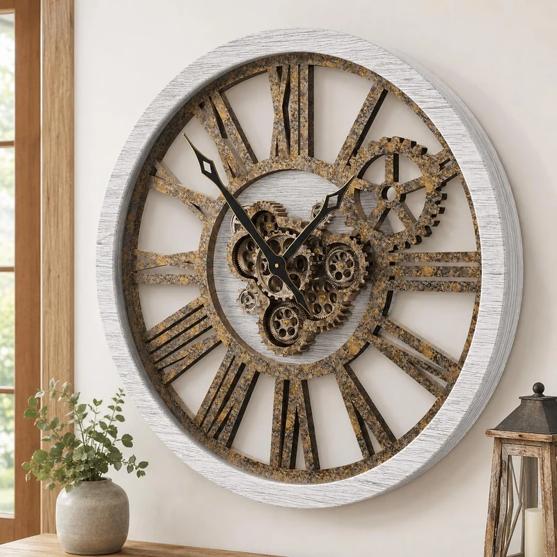 The B-Style Large Wall Clock with Real Moving Gears 30" Rustic Retro Industrial Farmhouse Wooden Clock, Oversized Decorative Vintage Wall Clocks for Living Room (Grey White)