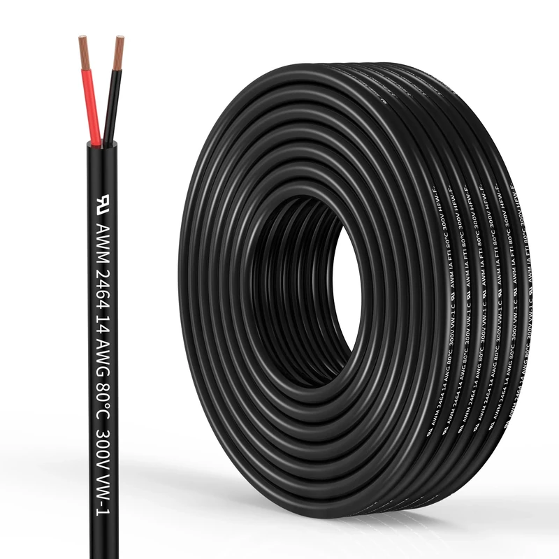 14 Gauge 2 Conductor Electrical Wire 14 AWG Wire Stranded PVC Cord Oxygen-Free Copper Cable 200FT/61M for Outdoor Lighting Automotive Battery Solar Panel (14/2AWG-200FT)