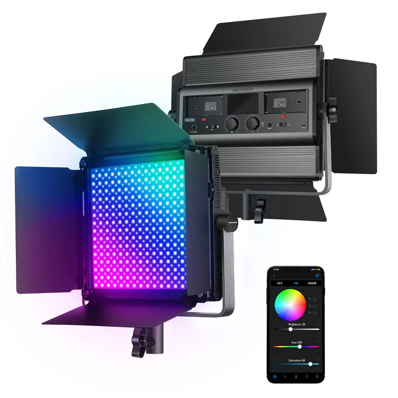 Neewer RGB1200 60W RGB LED Video Light with APP & 2.4G Control, 22000 Lux/0.5m/1% Precise Min Dimming/360° RGB/CRI 97+/TLCI 98+/2500K-8500K/18 Light Scenes for Studio Lighting Photography Videography