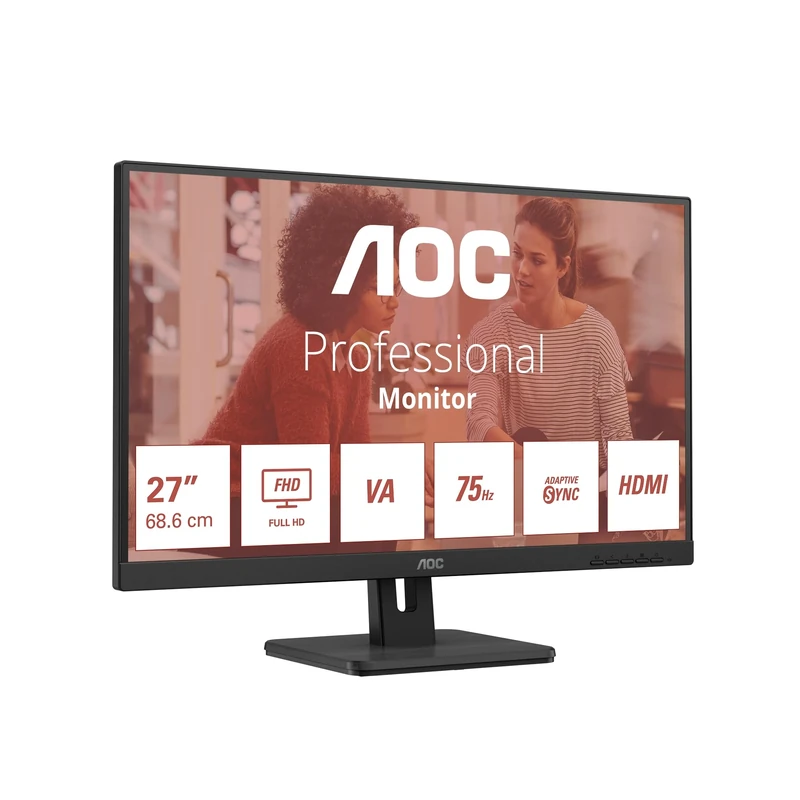 AOC 27E3UM - 27 Inch FHD Monitor, VA, 75Hz, 4ms, slim design, Speakers, Flicker Free, Low Blue light, USB Hub, Tilt, Adaptive Sync (1920 x 1080 @75Hz, 300 cd/m², HDMI 1.4 / DP 1.2 / USB 3.2)