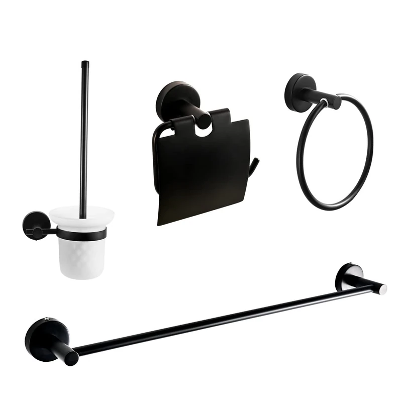 EMKE Towel Holders Bathroom Set - 4 PCS Stainless Steel Bathroom Towel Rails Set, 60CM Bath Towel Rack + 1 Toilet Paper Holder + 1 Paper Towel Ring + 1 Toilet Brush, Black
