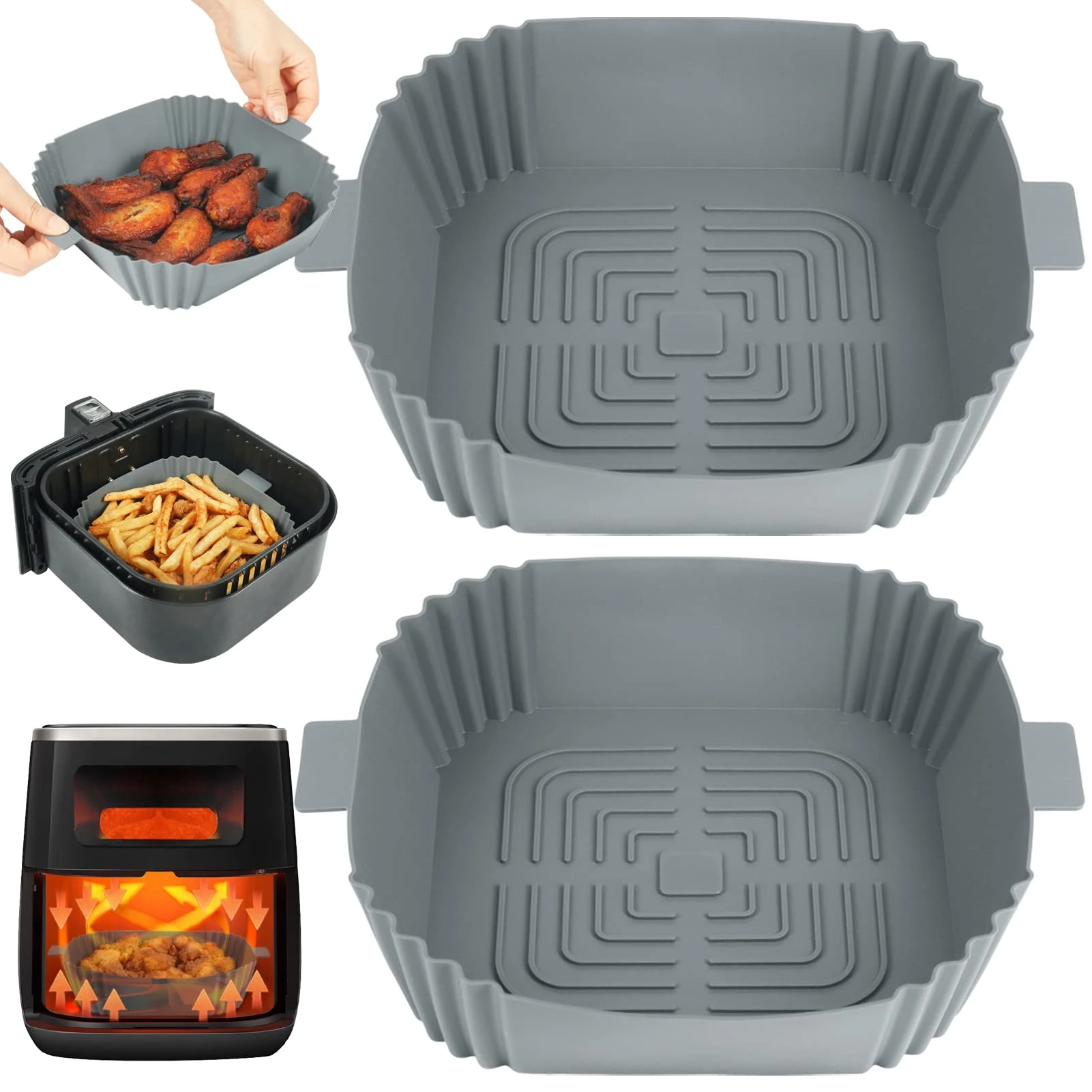 BYKITCHEN Silicone Air Fryer Liner Square, 2 Pack 8 Inch Air Fryer Silicone Inserts, Silicone Baking Basket/Tray, Air Fryer Accessories for COSORI, Ninja, Tower, Tefal, Philips Air Fryer