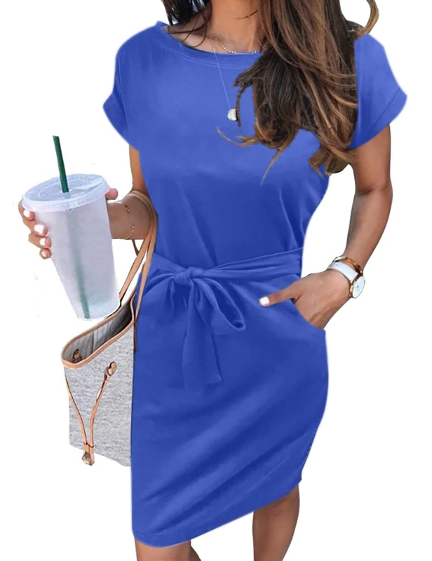 Merokeety Women's Summer Striped Short Sleeve T Shirt Dress Casual Tie Waist with Pockets, Solidroyal, S