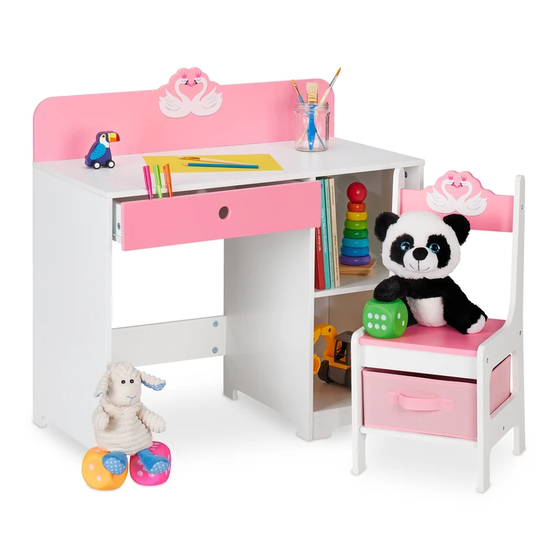 Relaxdays Children's Furniture Set, Table & Stool, Play & Storage, Open Shelves & Drawers, 79.5 x 80 x 40 cm, White/Pink