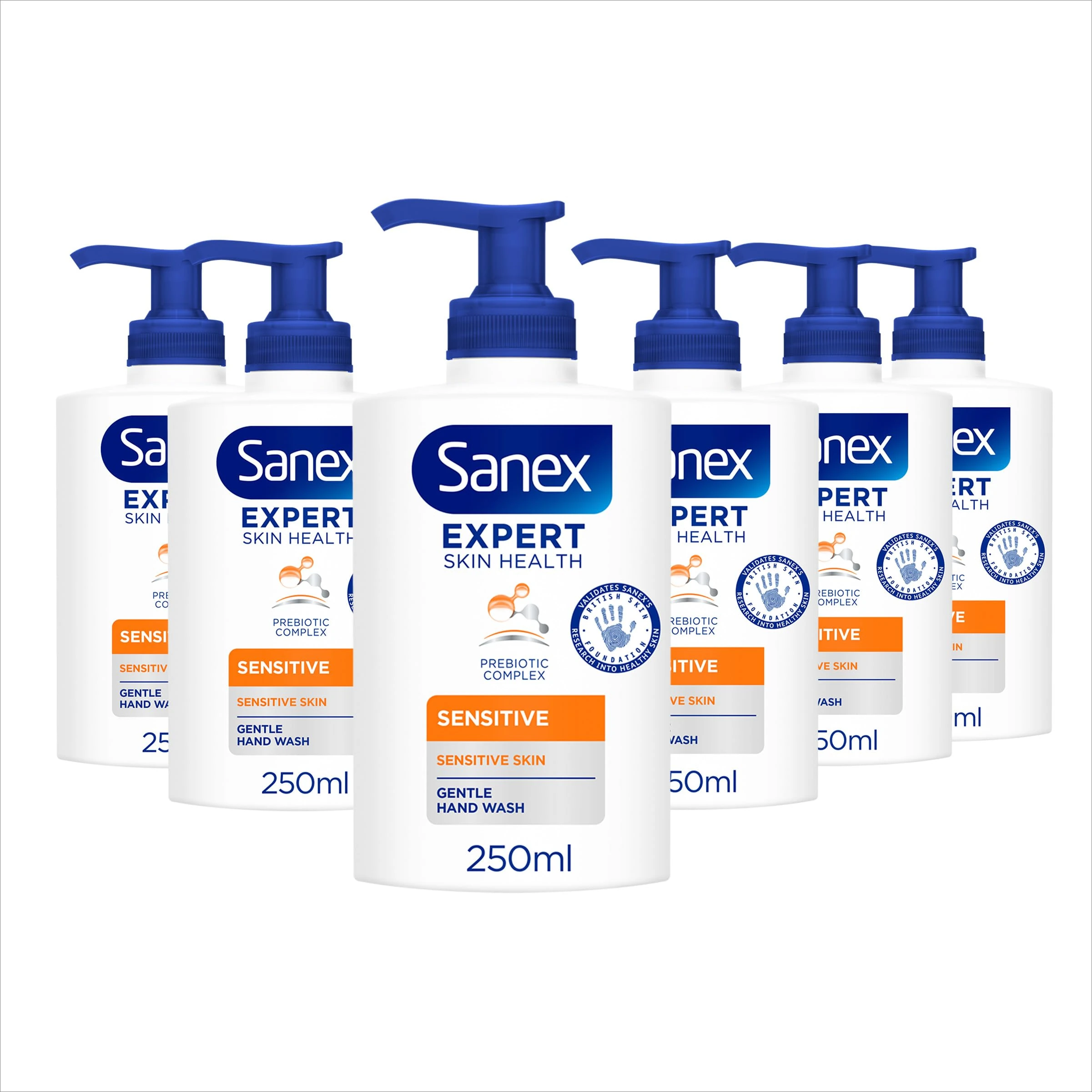 Sanex Expert Skin Health Sensitive Liquid Hand Wash 250ml x 6, Sensitive Hand Wash, SLS Free, Locks in Natural Moisture, Hand Wash to Protect Microbiome, Prebiotic and Postbiotic Complex