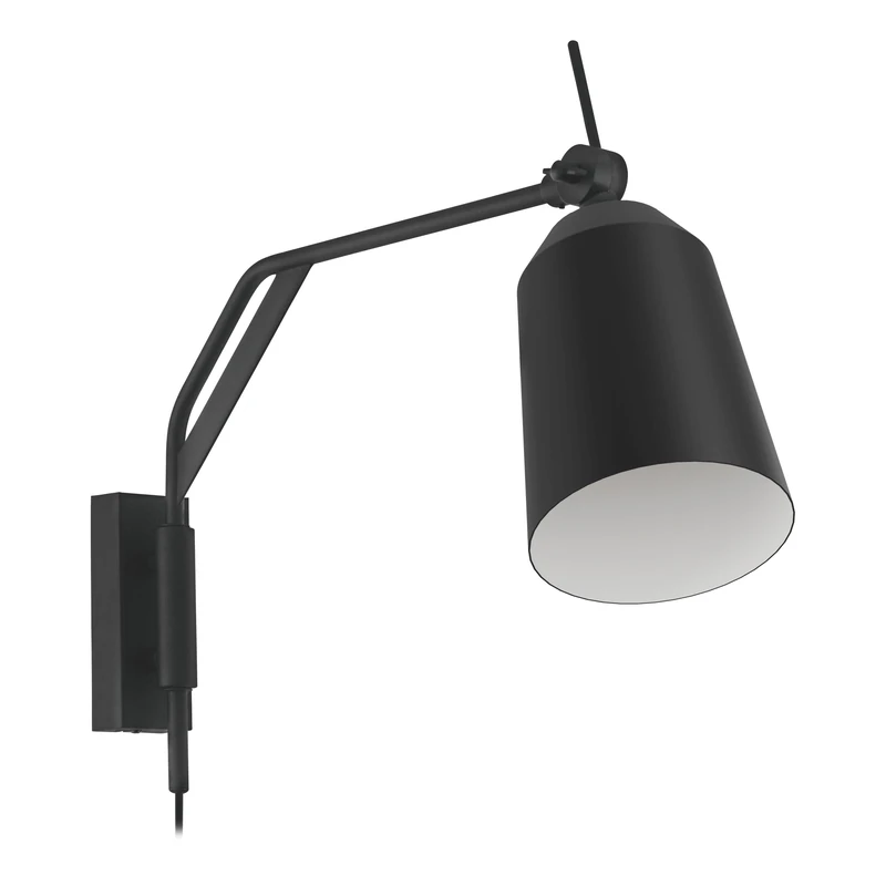 Eglo Wall Light Loreto, Indoor lamp with Switch and Plug, Living Room and Hallway Lighting Fixture with Swing arm, Black and White Metal, E27 Socket