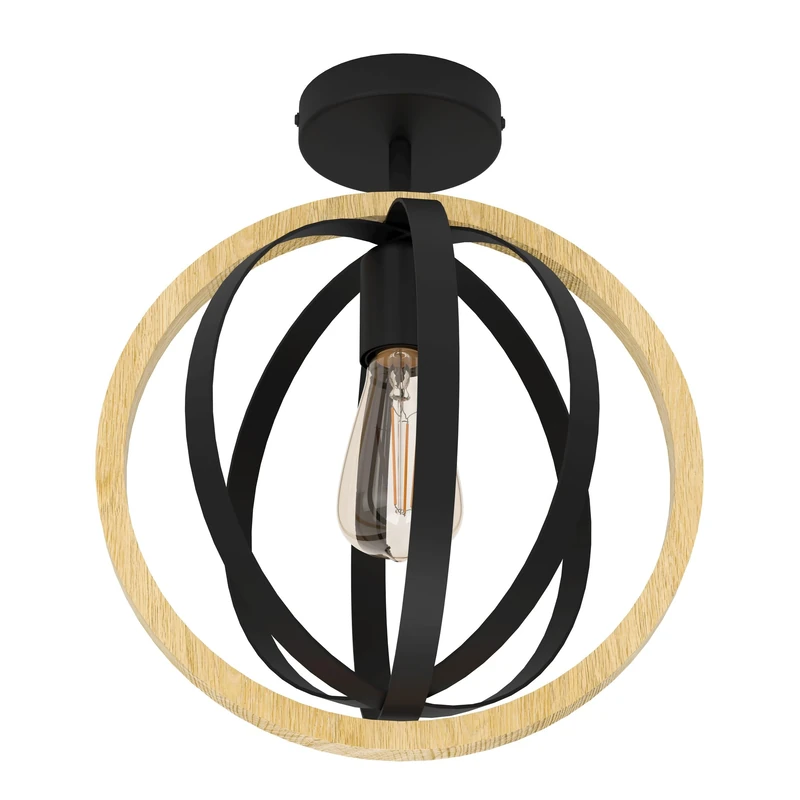 Eglo Ceiling Light Fitting Basildon, semi-Flush Mount Ceiling lamp in Ring Design, Round Living Room Lighting Made of Wood and Black Metal, FSCM70HB, E27 Socket