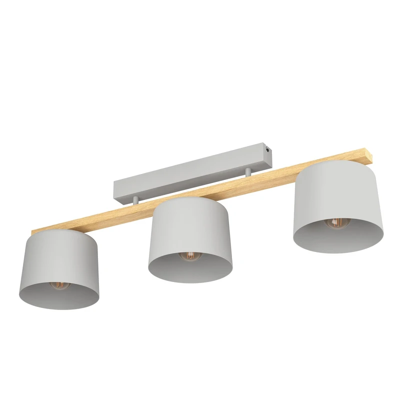 Eglo Ceiling Light Fitting Mariel, 3 spot Ceiling lamp, Scandinavian Style Light Fixture Made of Light Grey Steel and Wood, FSC100HB, semi-Flush Living Room Lighting, E27 Socket