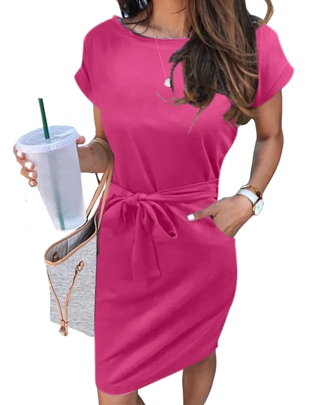 MEROKEETY Women's Summer Striped Short Sleeve T Shirt Dress Casual Tie Waist with Pockets, Solidrose, M