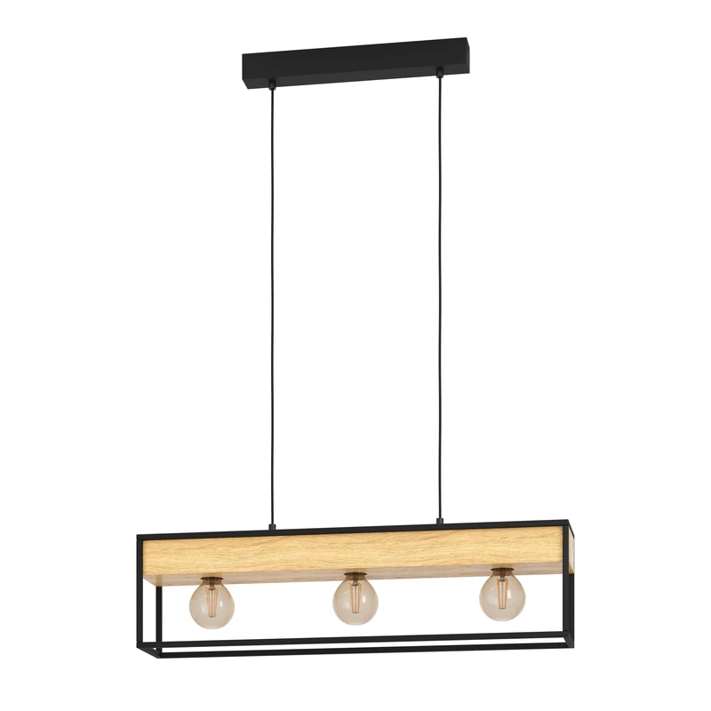 Eglo Pendant Lighting Libertad 1, 3 lamp Ceiling Light Fitting with planters, Hanging lamp for Dining and Living Room, FSC100HB, Natural Wood and Black Metal, E27 Socket