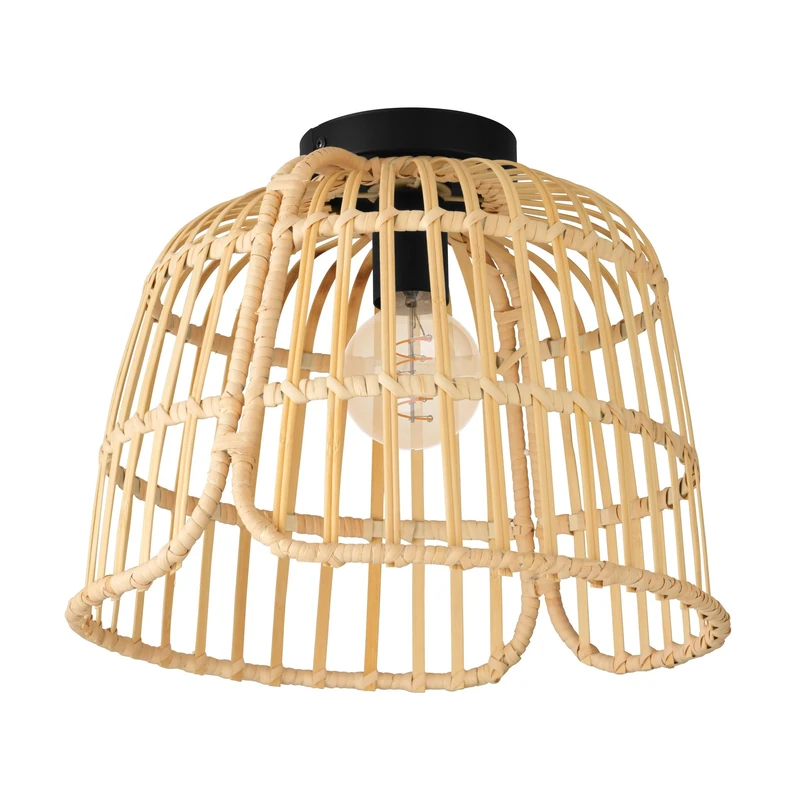 Eglo Ceiling Light Fitting Glyneath, Natural Flush Mount lamp in Boho Design, Nature Style Living Room Lighting Made of Rattan and Black Metal, E27 Socket
