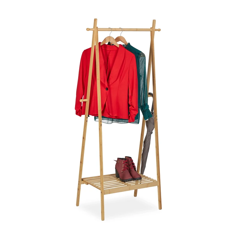 Relaxdays Bamboo Clothes Rack, Foldable, Rail with Shelf, 4 Hooks, HxWxD: 160 x 74 x 42 cm, Free-Standing, Brown, 160x74x42 cm