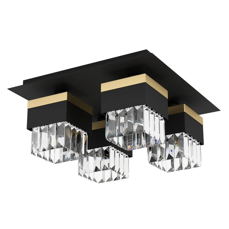 EGLO Ceiling light fitting Barrancas, crystal flush mount lamp, elegant living room lighting made of metal in black and gold, clear glass, E14 socket