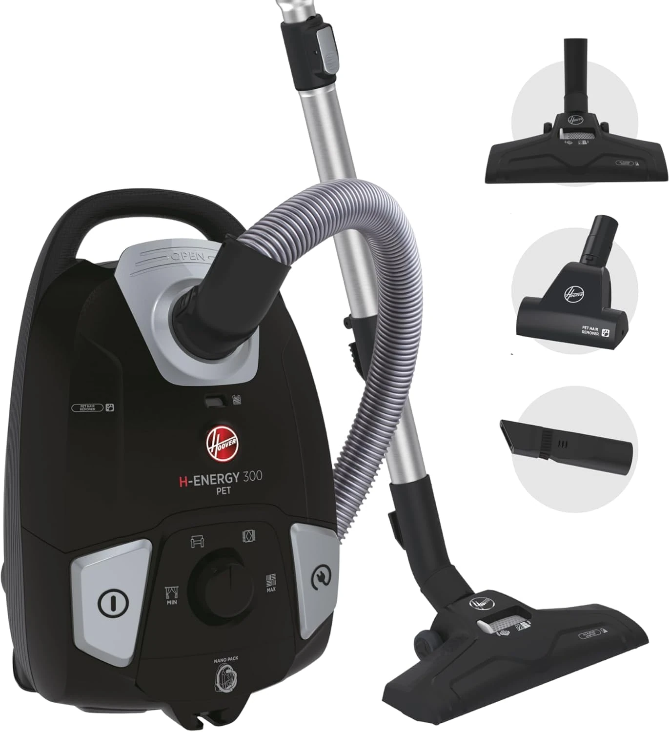 Hoover H-ENERGY 300 Pets Cylinder Vacuum Cleaner with Pet Hair Tool - High Performance Small Corded Vacuum, 3.5L Bagged Canister, Hepa Filter, Compact to Store, 850w [HE320PET]