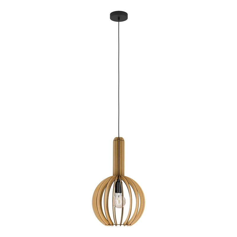 EGLO Pendant lighting Velasco, round ceiling light fitting, hanging lamp for dining and living room made of maple-coloured wood and black metal, E27 socket