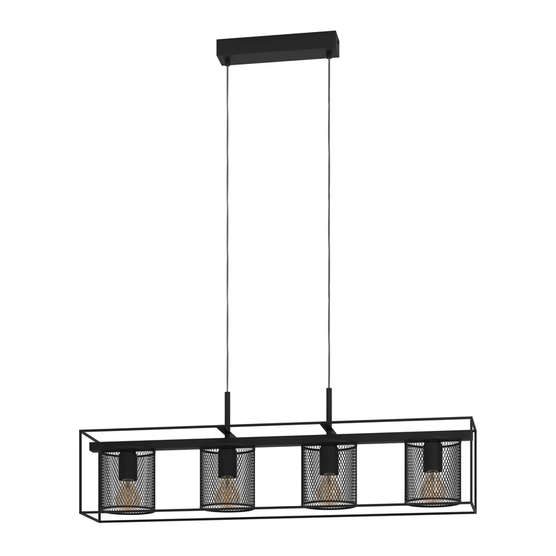 Eglo Pendant Lighting Catterick, 4 lamp Ceiling Light Fitting in Industrial Design, Rectangular Hanging lamp for Dining and Living Room, Black Metal and mesh, E27 Socket