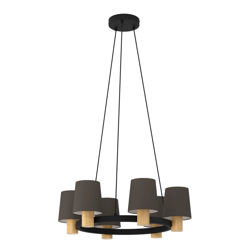 Eglo Chandelier Edale, 6 lamp Pendant Lighting, Round Ceiling Light Fitting, Hanging lamp for Dining and Living Room, FSC100HB, Wood in Oak Finish and Cappuccino Coloured Fabric, E27 Socket