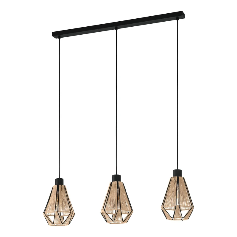 Eglo Pendant Lighting Adwickle, Ceiling Light Fitting with 3 Shades, Textile Hanging lamp for Dining and Living Room Made of Natural Hemp and Black Metal, E27 Socket