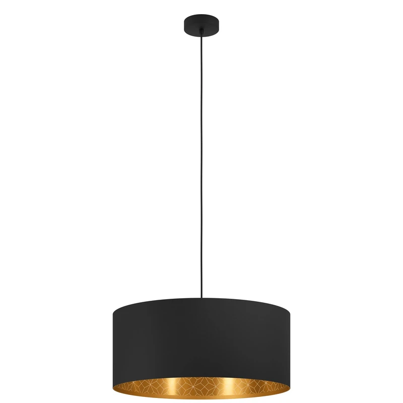 EGLO Pendant lighting Zaragoza, ceiling light fitting, hanging lamp for dining and living room, fabric shade in black and gold with geometric pattern, E27 socket, Ø 21 in