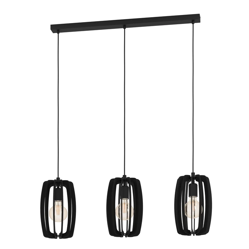 Eglo Pendant Lighting Bajazzara, Scandinavian Design Ceiling Light Fitting, 3 Light Hanging lamp for Dining and Living Room Made of Black Wood and Metal, E27 Socket