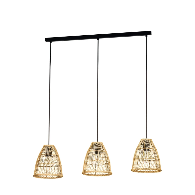 Eglo Pendant Lighting Ayesgarth, 3 lamp Ceiling Light Fitting in Boho Design, Hanging lamp for Dining and Living Room Made of Natural Rattan and Black Metal, E27 Socket