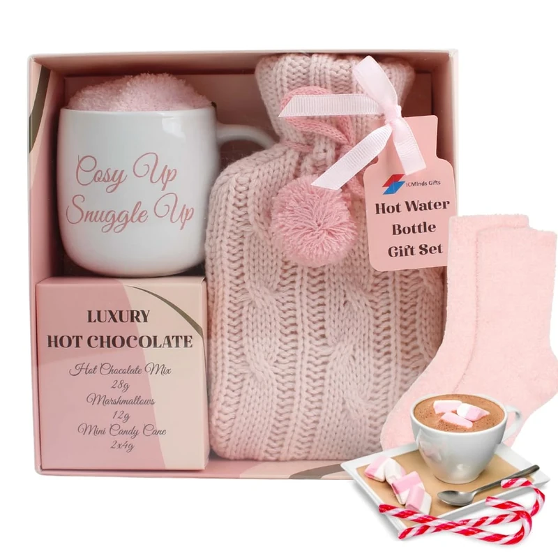 Hot chocolate mug gift set with hot water bottle mini marshmallows and christmas candy cane - cosy hot water bottle and hot chocolate gift set - gift set for women teen adults (Pink)