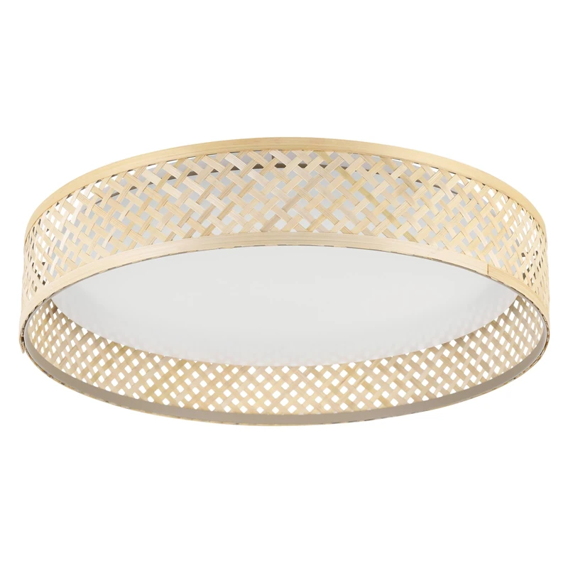 Eglo LED Ceiling Light Fitting Luppineria, Wooden lamp with Bamboo lamp Shade, Boho Style Light Fixture Made of Natural Wood and White Plastic, Flush Mount Living Room Lighting, Warm White