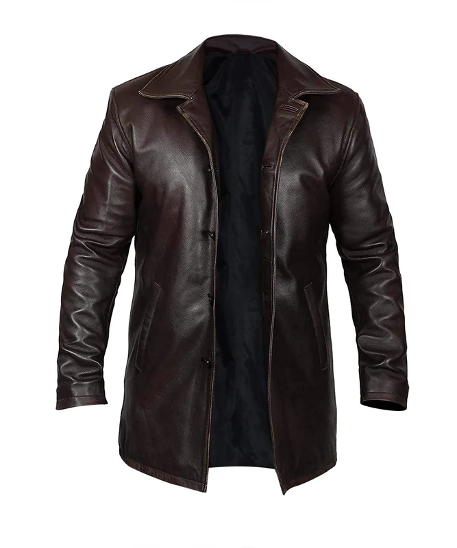 Fashion_First Mens Brown Leather Car Coat - Mens Mid Length Real Leather Pea Coat Jacket