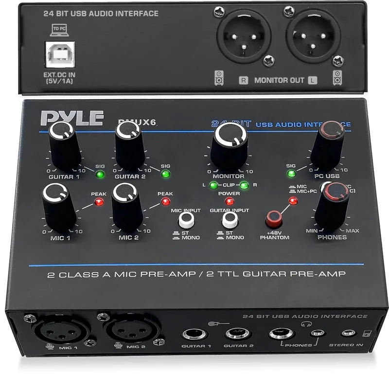 Pyle USB Audio Interface – 24-Bit MIC & Dual Guitar Input, PC/Mac Compatible, 48V Phantom Power, XLR Monitor Out, Stereo/Mono Switch, Low Noise Design, Home Studio & Streaming