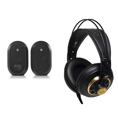 JBL 1 Series 104 Compact Desktop Speakers, Powered Reference Monitors - Bluetooth enabled (sold as pair) + AKG K240 STUDIO Professional Semi-Open, Over-Ear Headphones Black