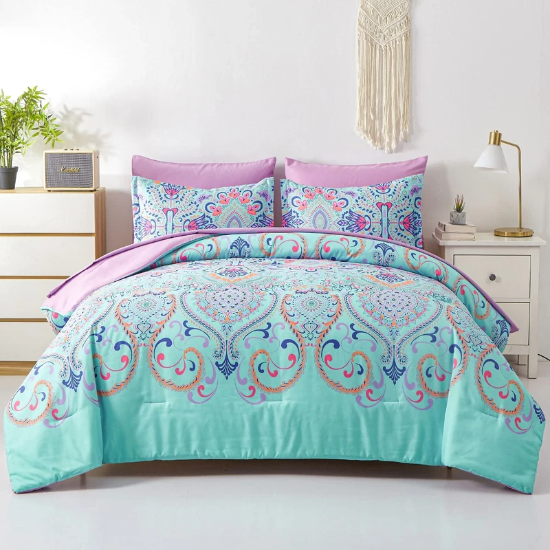 DHSFKBE Queen Comforter Set, 7 Piece Bed in a Bag, Boho Aqua and Lilac Damask Medallion Print Comforter with Sheets, Soft Microfiber Complete Bedding Set for All Season (Aqua, Queen)