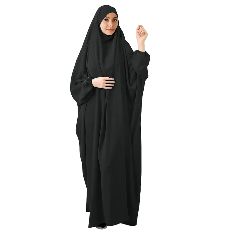 FPOVFPO Womens One-Piece Solid Abaya Muslim Prayer Dress Islamic Maxi Kaftan with Hijab Dubai Full Length Dress, Black, One Size