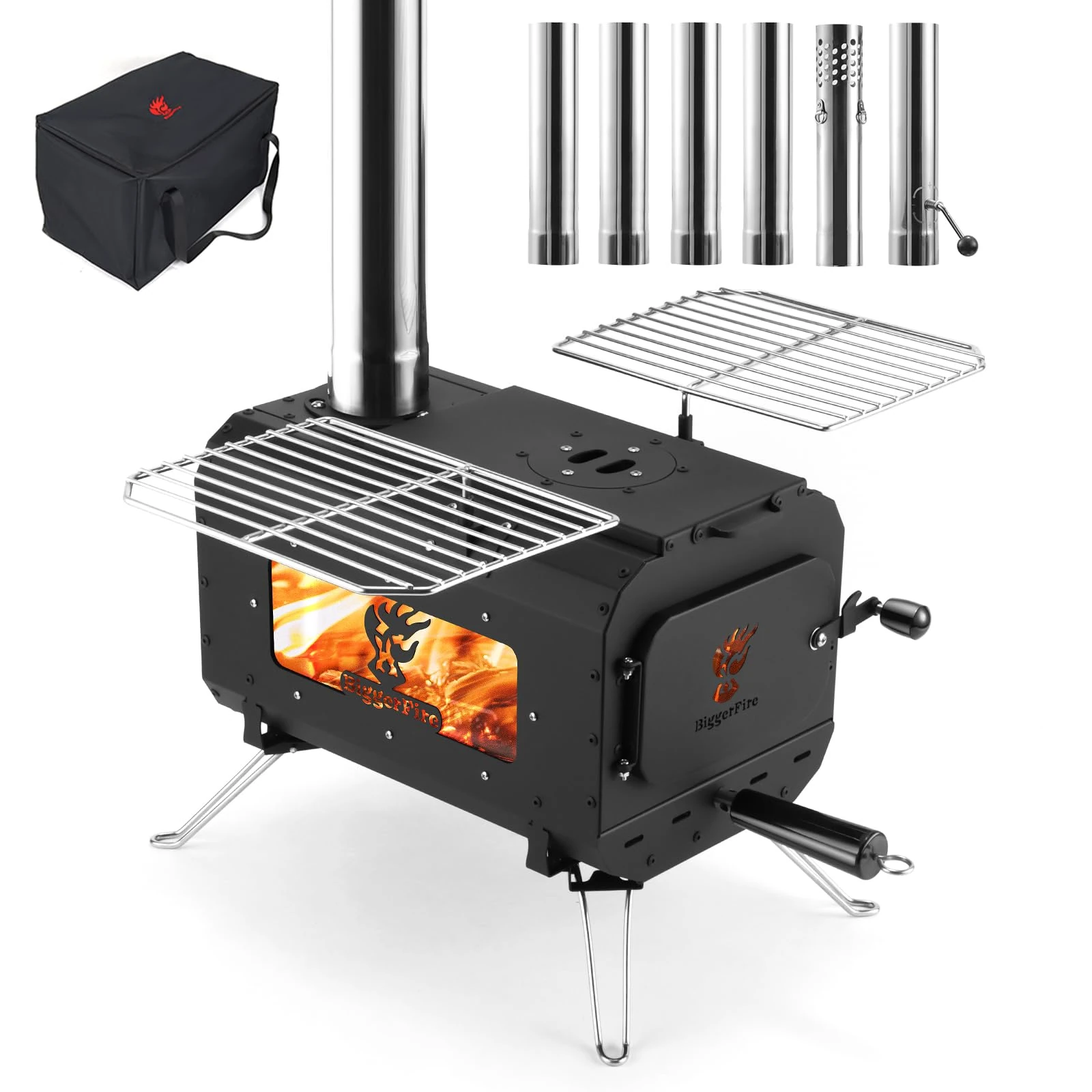 BiggerFire Camping Tent Stove with 6 Chimney Pipes,Portable Wood Burning Stove and Carrying Bag for Outdoor Cooking Heater Log Burner Tent Shelter Garden