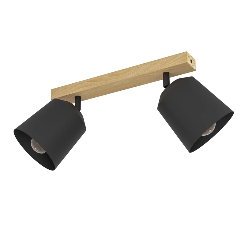 Eglo Spotlight bar Cotorro, Ceiling Light Fitting with 2 Adjustable spot Lights, FSC100HB, Scandinavian Living Room lamp Made of Natural Wood and Black Metal, Track Lighting with E27 Socket