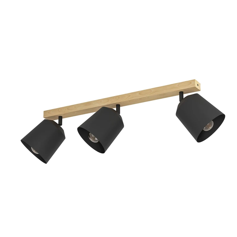 Eglo Spotlight bar Cotorro, Ceiling Light Fitting with 3 Adjustable spot Lights, FSC100HB, Scandinavian Living Room lamp Made of Natural Wood and Black Metal, Track Lighting with E27 Socket