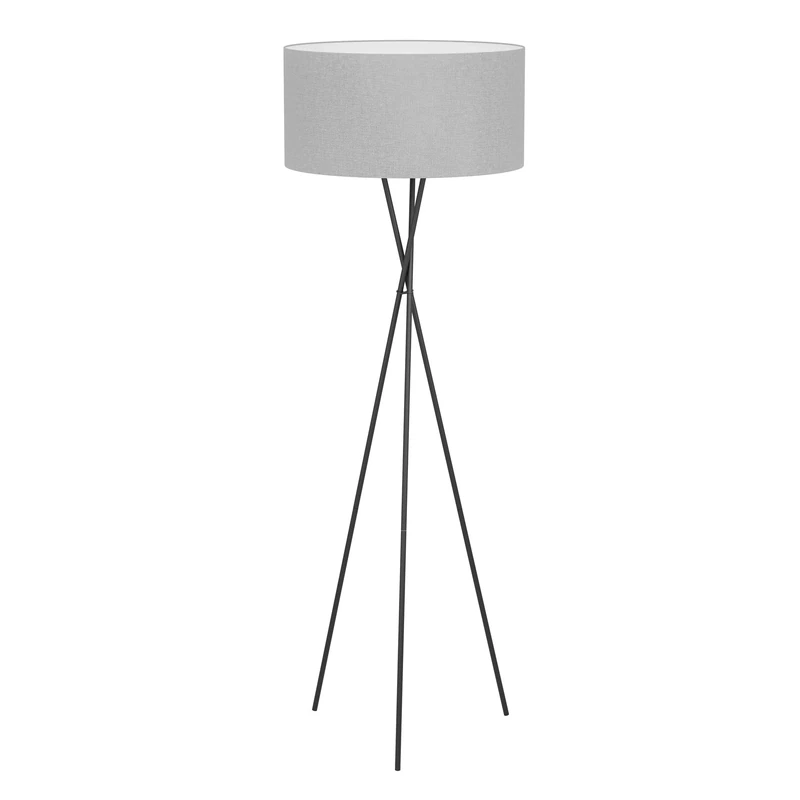 Eglo Tripod Floor lamp Fondachelli, Elegant Standing Light Made of Black Metal and Grey Fabric, Living Room Lighting, floorlamp with Switch, E27 Socket