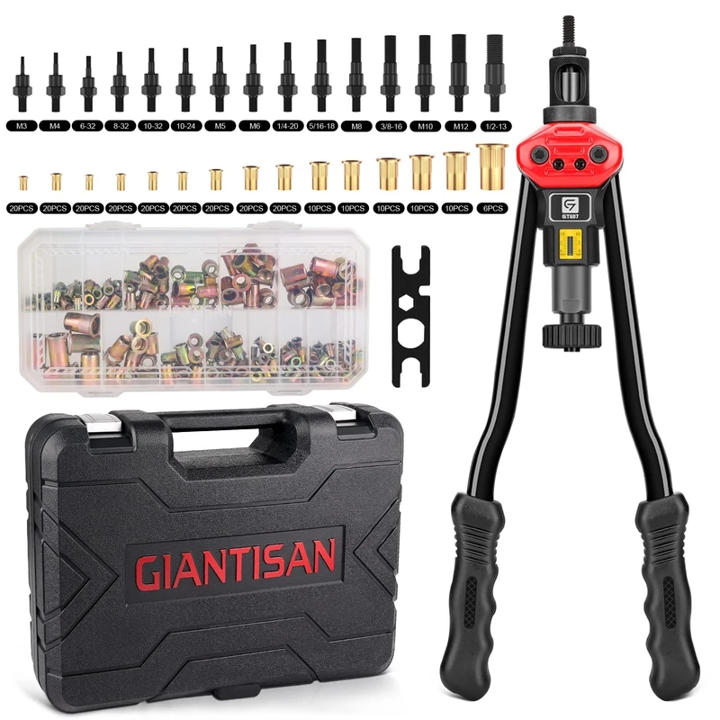 G GIANTISAN 16-Inch Rivet Nut Tool Rivet Nut Kit with 15 SAE & Metric Mandrels, 236pcs Rivnut Assortment Kit and Rugged Carrying Case