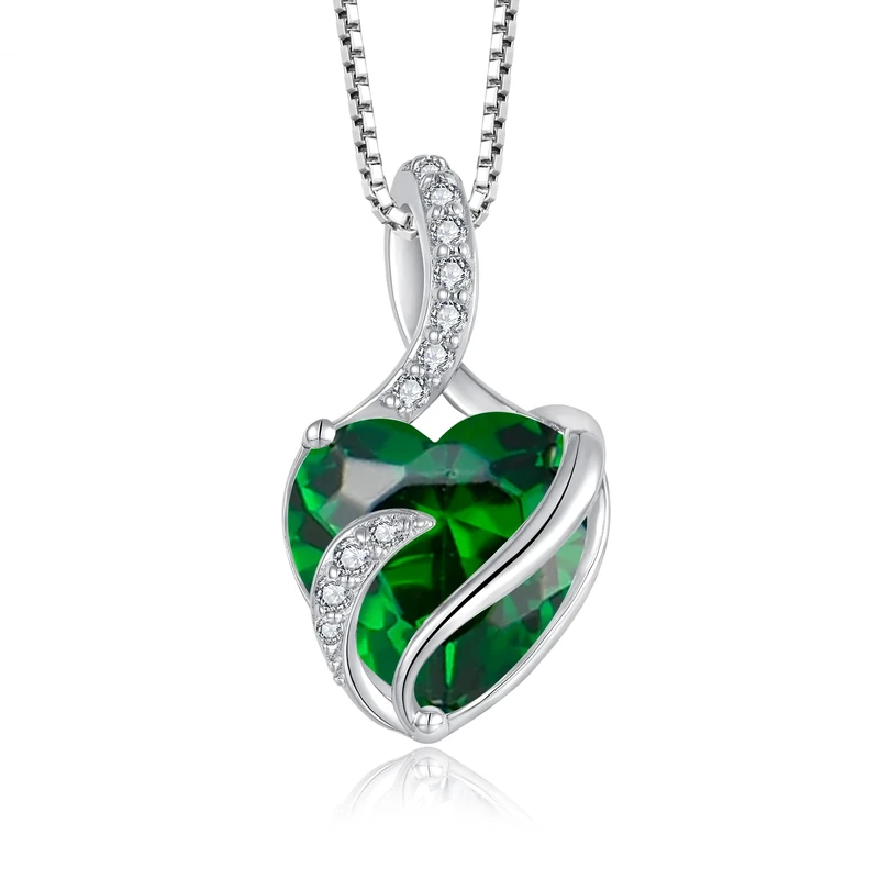 FJ Necklaces for Women 925 Sterling Silver Heart May Birthstone Pendant Necklace Emerald Jewellery Gifts for Her