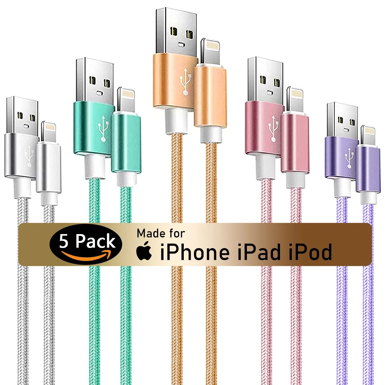 HKYUSHINE iPhone Charger Cord, 5Pack (3 3 6 6 10ft) Lightning Cable, MFi Certified Nylon Braided Apple Charger Cable, Phone Chargers for iPhone 14 13 12 11 Xs Max XR X 8 7 6s Plus, for iPad, Airpods