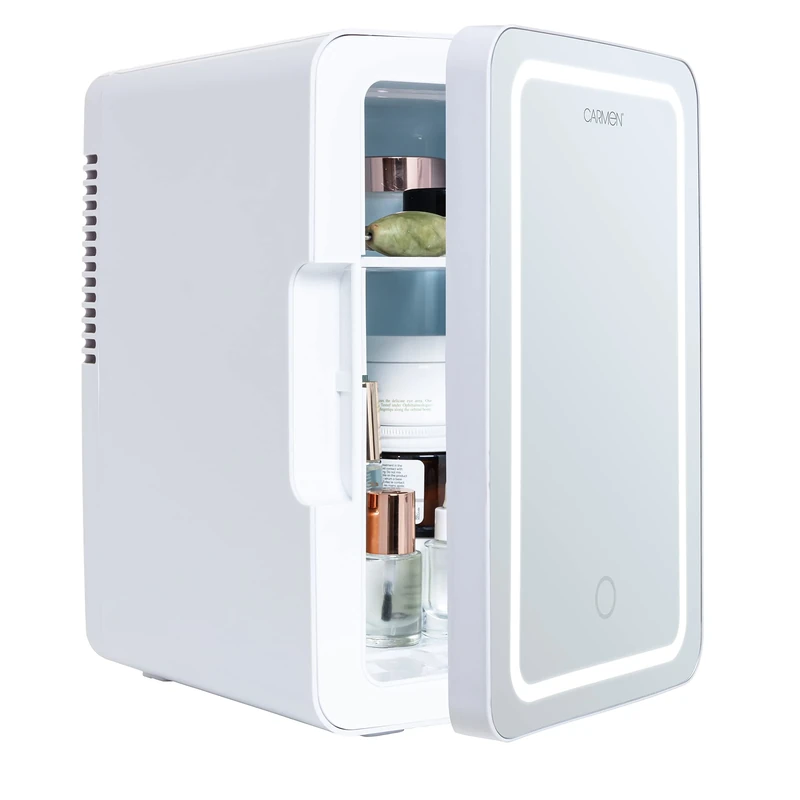 Carmen C81182 Mini Cooler 6 Litre capacity, 8 Can, AC/DC Portable Beauty Fridge for Skincare, Cosmetics, Bedroom with LED light Mirror - Image 1