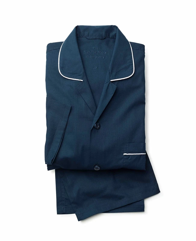 THE SAVILE ROW COMPANY LONDON Men's Luxury 100% Soft Cotton Pyjamas - Navy Piped Cotton - Small