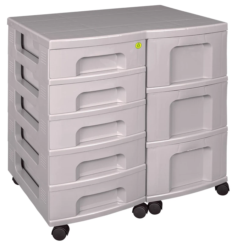 Really Useful Plastic Storage Box Storage Tower Double Top with 5x7 Litre + 3x12 Litre Recycled Dove Grey Frame with Drawers