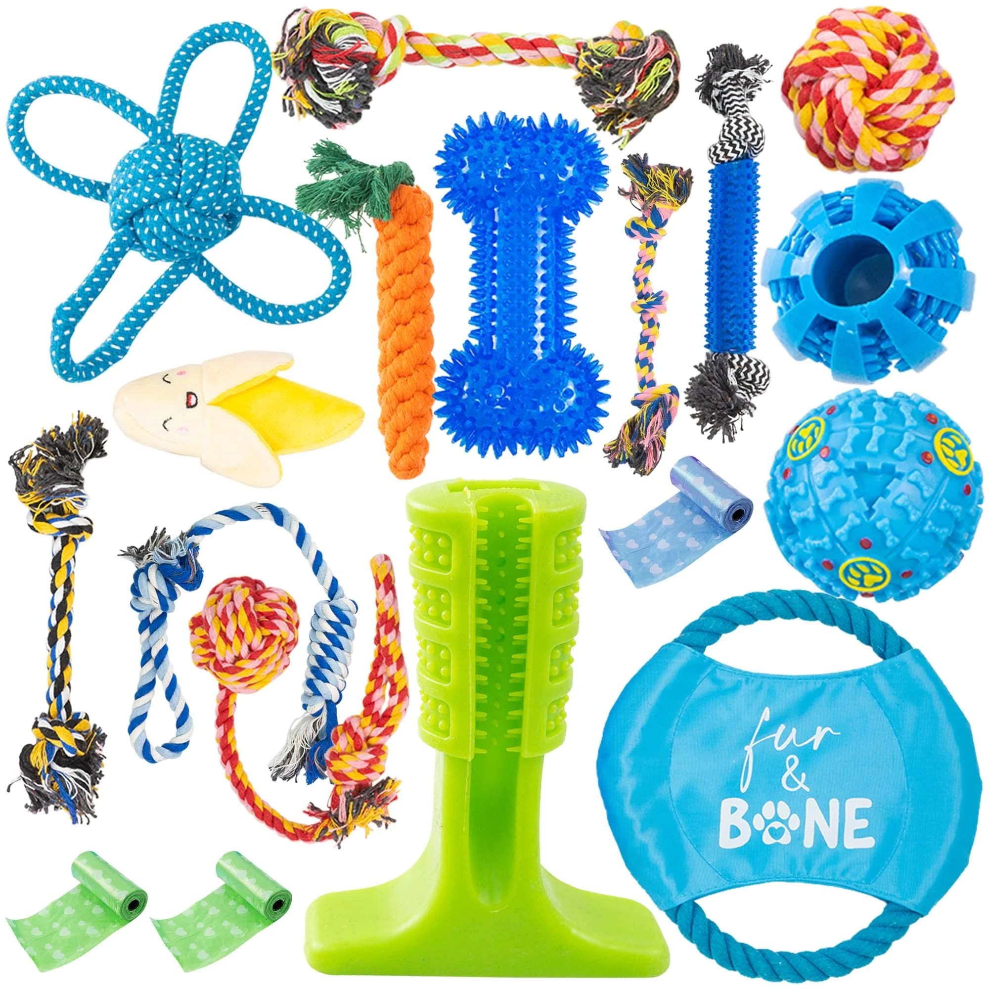 Fur & Bone Dog Chew Toys (18-Pack) - Puppy Toys for Boredom - Indestructible Rope & Squeaky Teething Toys for Small & Medium Dogs