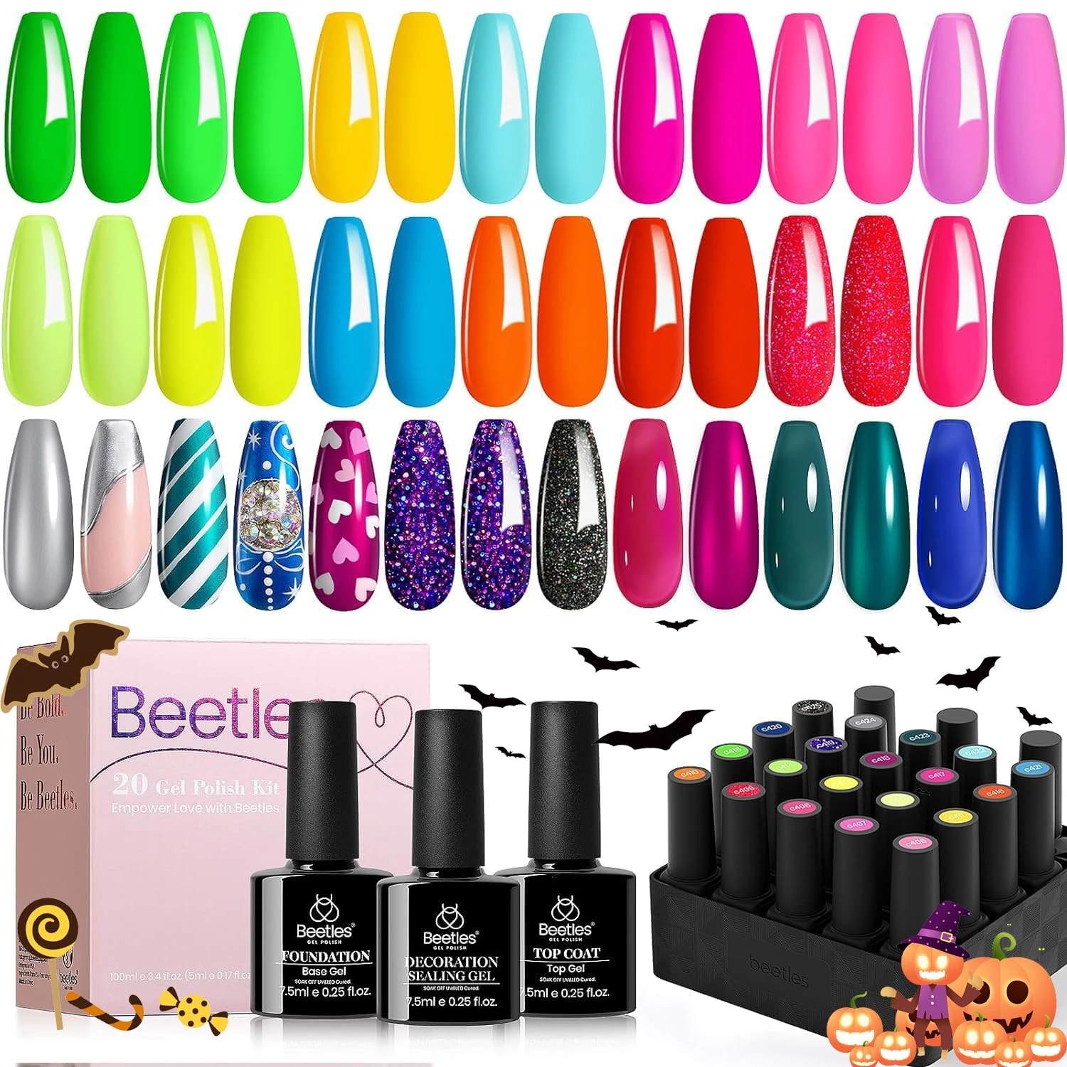 beetles Gel Polish 20 Colors Art Kit with 3Pcs Base Glossy Top Coat and Nail Glue 4Pcs Mirror Effect Metal Jelly for Diy Spring Summer Manicure Nails Glitter Girls Women, Pack of 1