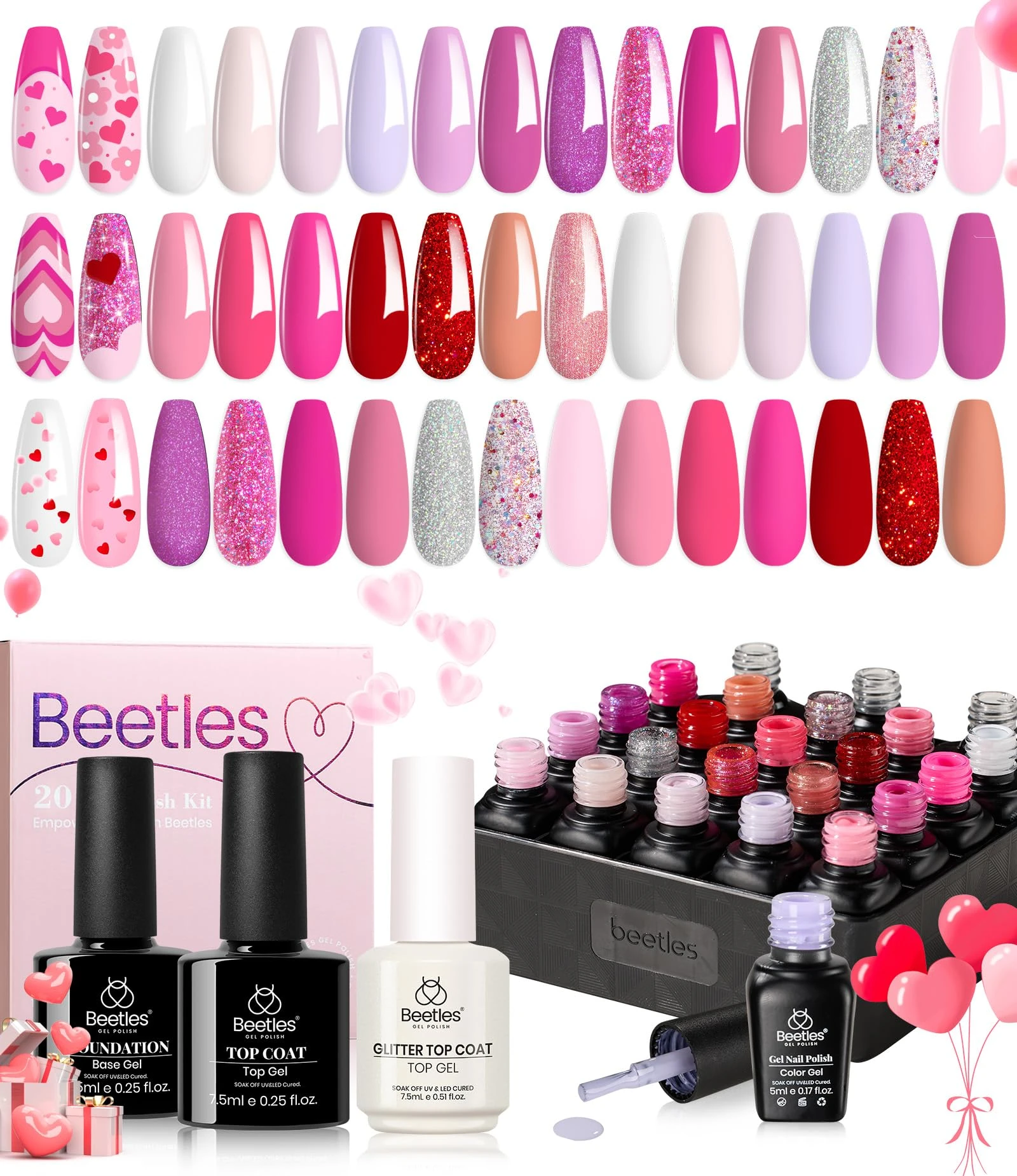 beetles Gel Polish Nail Set 20 Colors Alluring Sweetie Collection Nude Pink Purple Glitter Red Manicure Kit with Base Glossy and Matte Top Coat