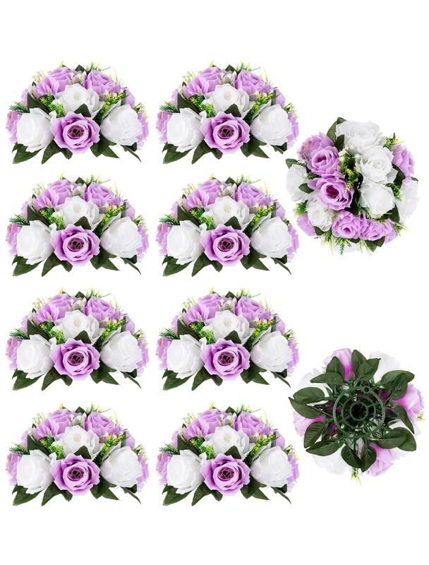BLOSMON Flower Centerpieces for Tables Wedding 10 Pcs Lilac & White Fake Flowers Rose Arrangement Bouquet Floral Centerpiece Balls Artificial Wedding Center Pieces of Valentines Day Home Decor