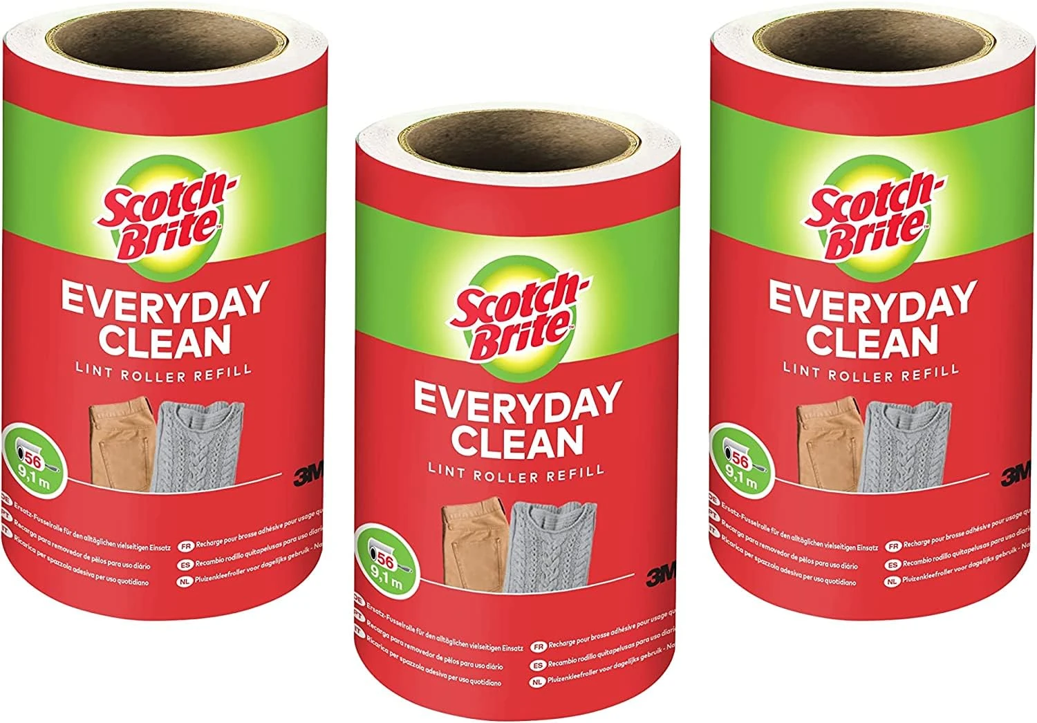 Scotch-Brite Everyday Clean Lint Roller Refill, 3 Rolls x 56 Easy Tear Sheets 168 Sheets in Total - Works Great on Pet Hair, Clothing, Furniture and More, White